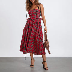 Hnewly  Women's Christmas Red Plaid Print Aesthetic Long Dress Elegant Flowy A Line Ruffle Dresses Cute Xmas Holiday Party Dress