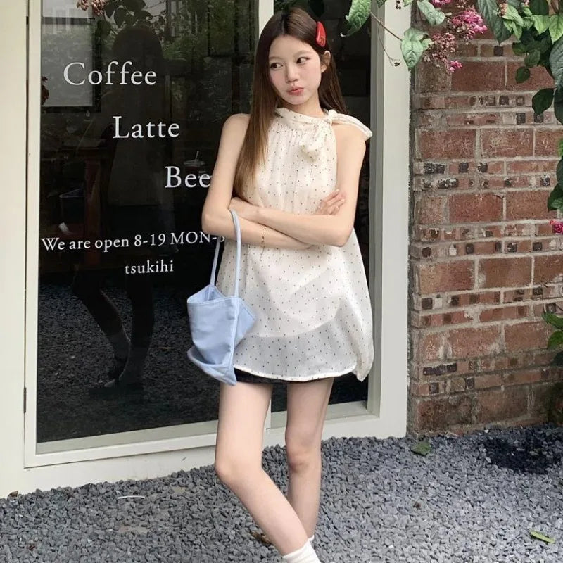 Hnewly  Bow Halter Lace Up Blouses Women Polka Dot Korean Tender Princess Style Sleeveless Tops Summer New Design Students Sweet Girls