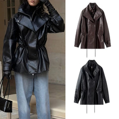 Hnewly  Women's Faux Leather Jacket Double Collar Drawstring Waist Mid-Length Double Breasted – Autumn Fashion Outerwear for Daily & Off