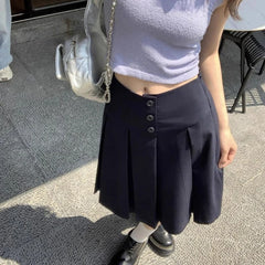 Hnewly  Preppy Style Pleated Skirt Women Korean Style Vintage Harajuku Mid Length Skirt Fashion Retro Solid Classic Skirts