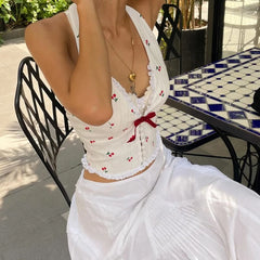 Hnewly  Sleeveless Printed Halterneck V-neck Crop Top Backless Cherry Print Bow Slim Fit Crop Top