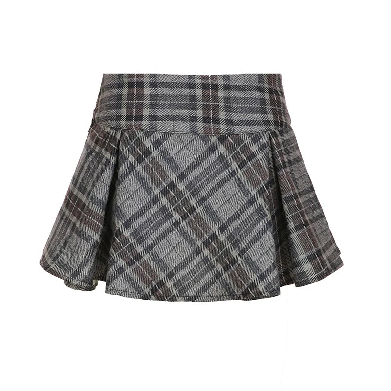 Hnewly Academia Style Plaid Ruched Women’s A-Line Skirts Fashion All-Match Button Bow Design Mini Skirts Korean
