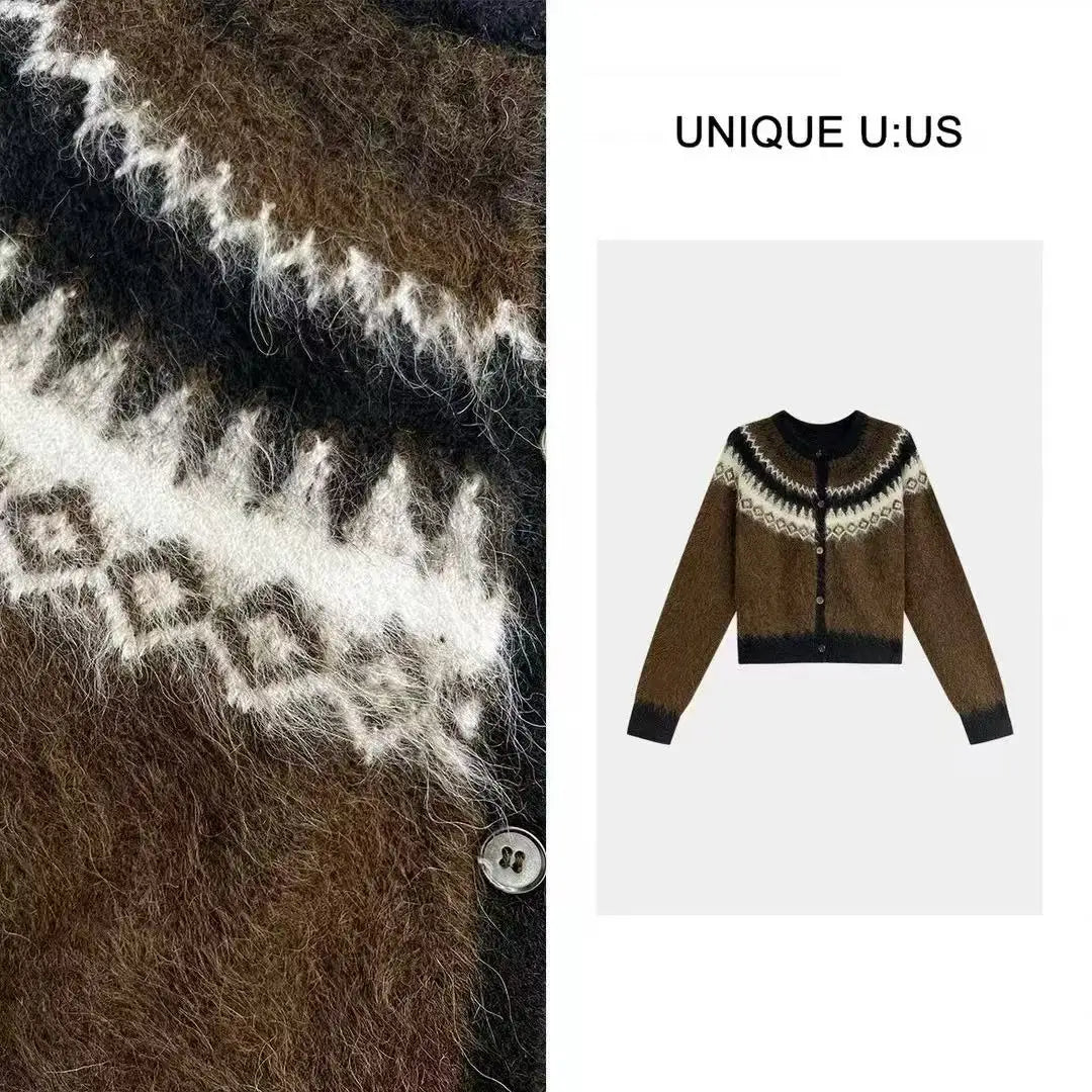Hnewly  Button Up Fair Isle Sweater Cardigan Soft Knit Sweater Jacket Geometric Print Cozy Knitwear Teen-girl Fall Winter Vintage Outfit