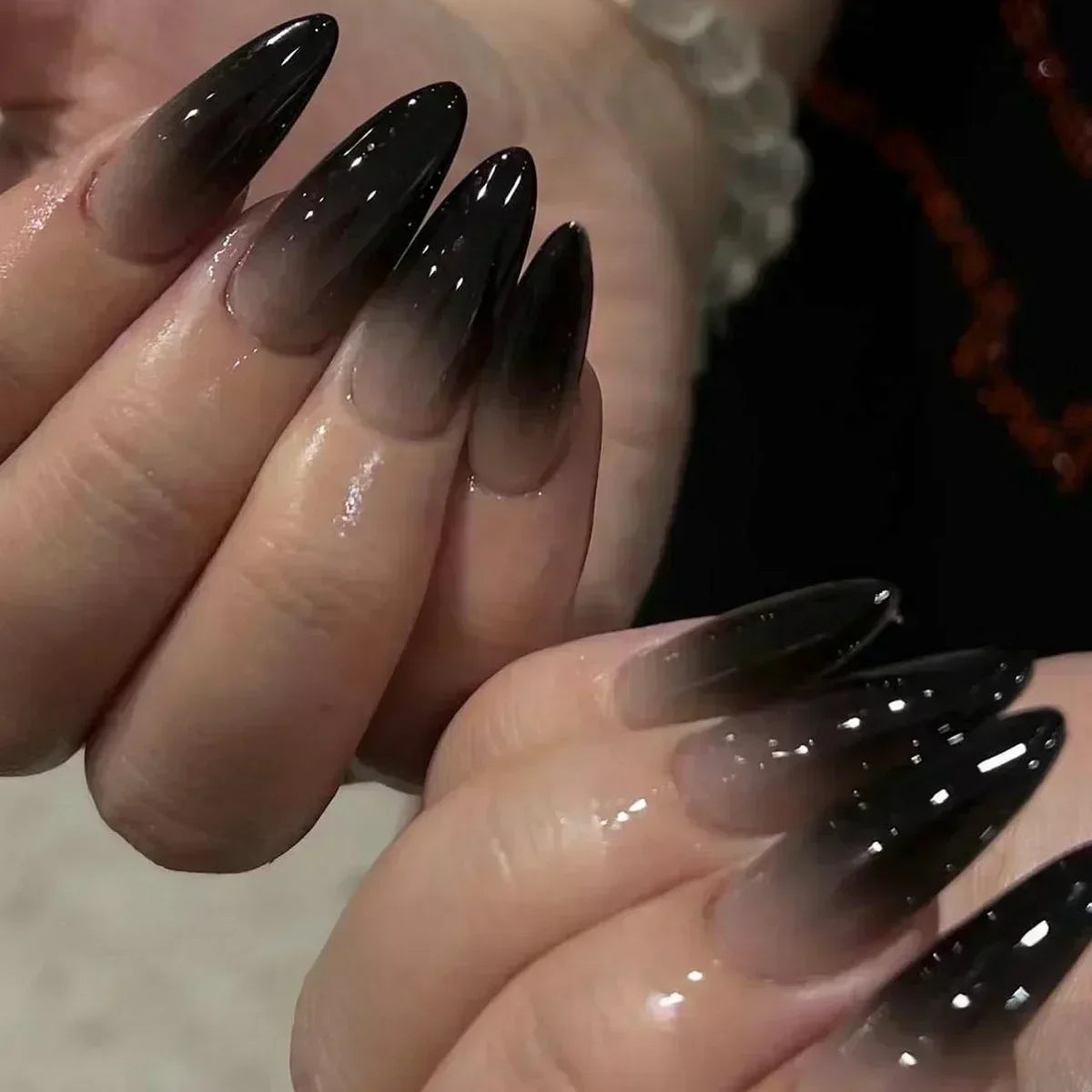 Hnewly 24Pcs French Almond False Nails Glitter with Rhinestones Wearable Fake Nails Artificial Simple Full Cover Press on Nails Tips