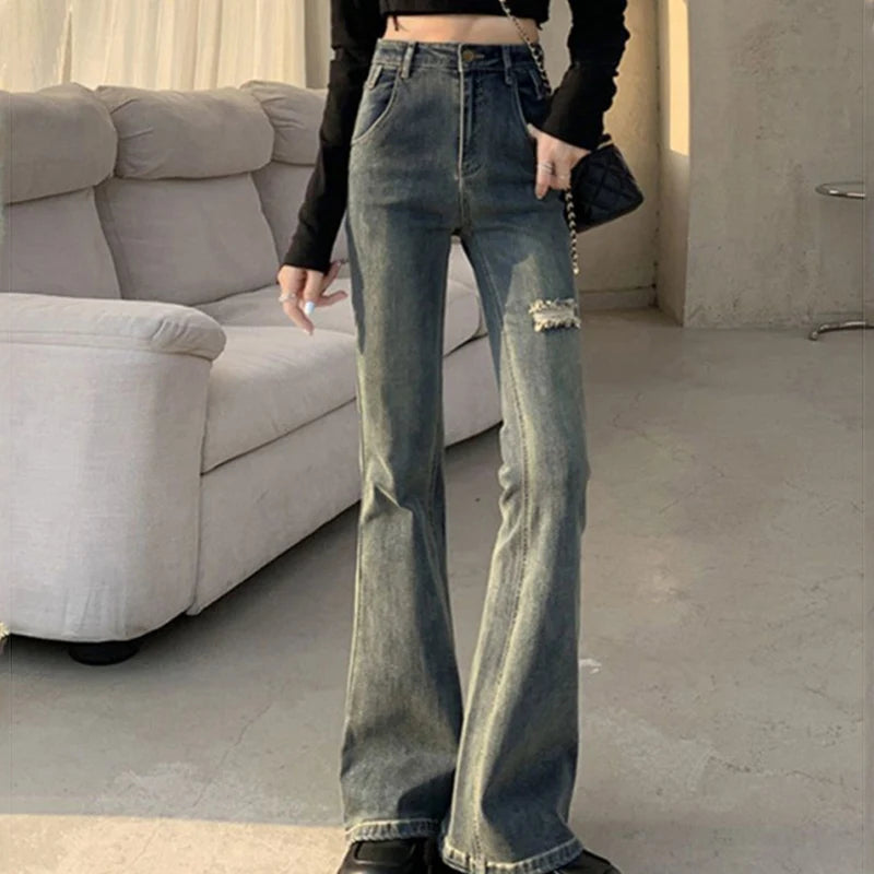 Hnewly  Streetwear Blue Ripped Jeans for Women Spring Autumn Chic High Waist Bell Bottom Jeans Woman Slim Fit Button Trousers Ladies