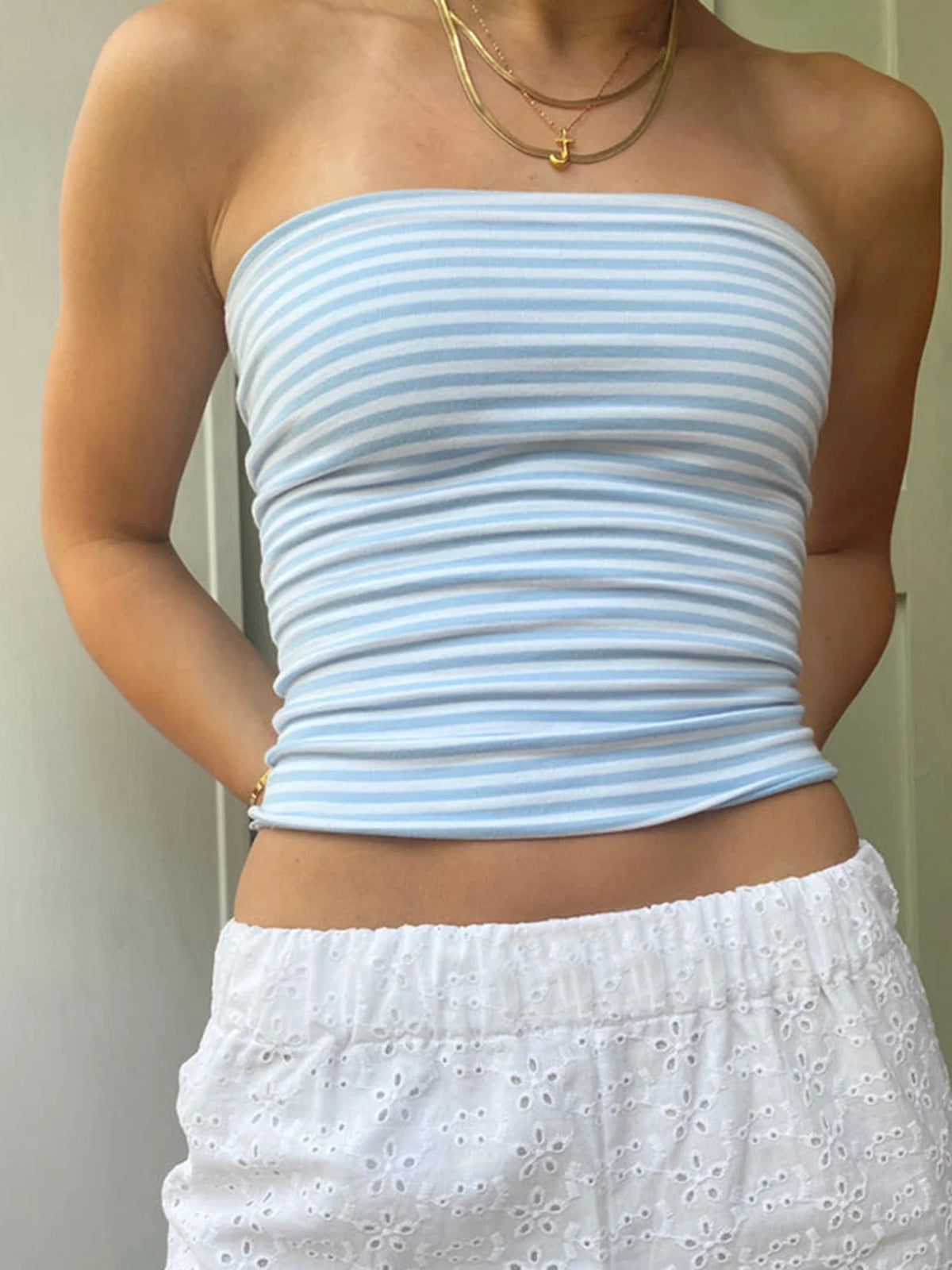 Hnewly  Women Y2K Strapless Tube Tops Sexy Off Shoulder Backless Striped Bandeau Going Out Sleeveless Crop Tank Tops