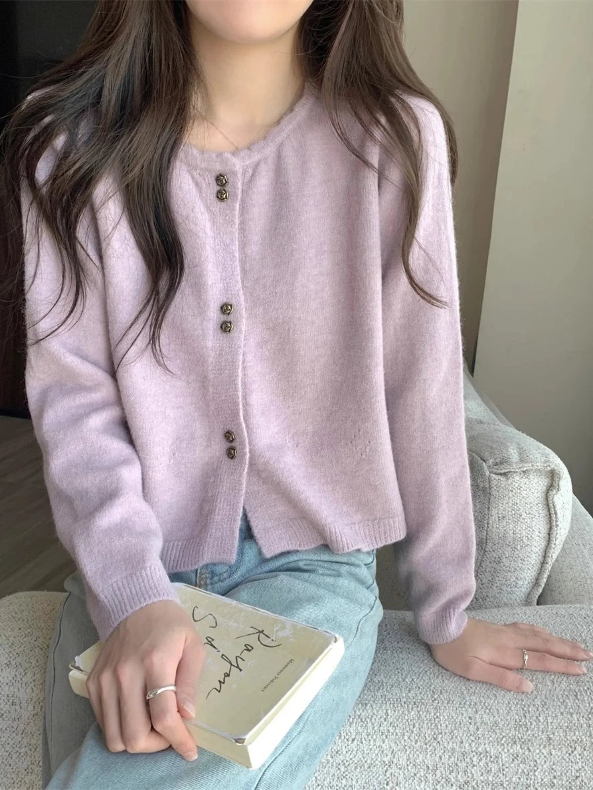 Hnewly  Sweet Short Hollowed Out Sweater Chic Buttons Long Sleeved Knitted  Cardigan Jacket Korean series Round Neck Loose Top
