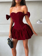 Hnewly  Siserlinda Christmas Fine Glitter Dress Women Slash Neck Sleeveless Fluffy Hem Folds Slim Fashion Sweet Elegant Party Bodycon