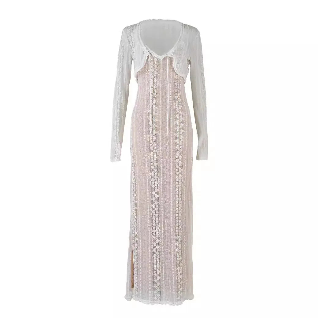 Hnewly  Elegant Maternity Dress Photoshoot Adjustable Lace Gown for Baby Shower Prenatal Photography Two-piece set