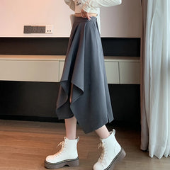 Hnewly  New High Waist Irregular Midi Skirt Women Fashion Design Pleated Skirts Woman Elegant Solid Color Office Long Skirts Ladies