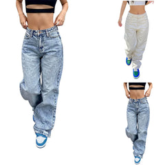 Hnewly  Ladies' Classic Blue and White Denim Pants Fashion High Waist Slim Straight Loose Casual Commuting Wide Leg Jeans