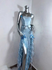 Hnewly  Fantasy Sea Spirit*TDH Blue Jellyfish Flowing Light Sparkling Tassel Fairy Slit Long Dress Gown Lolita Costume