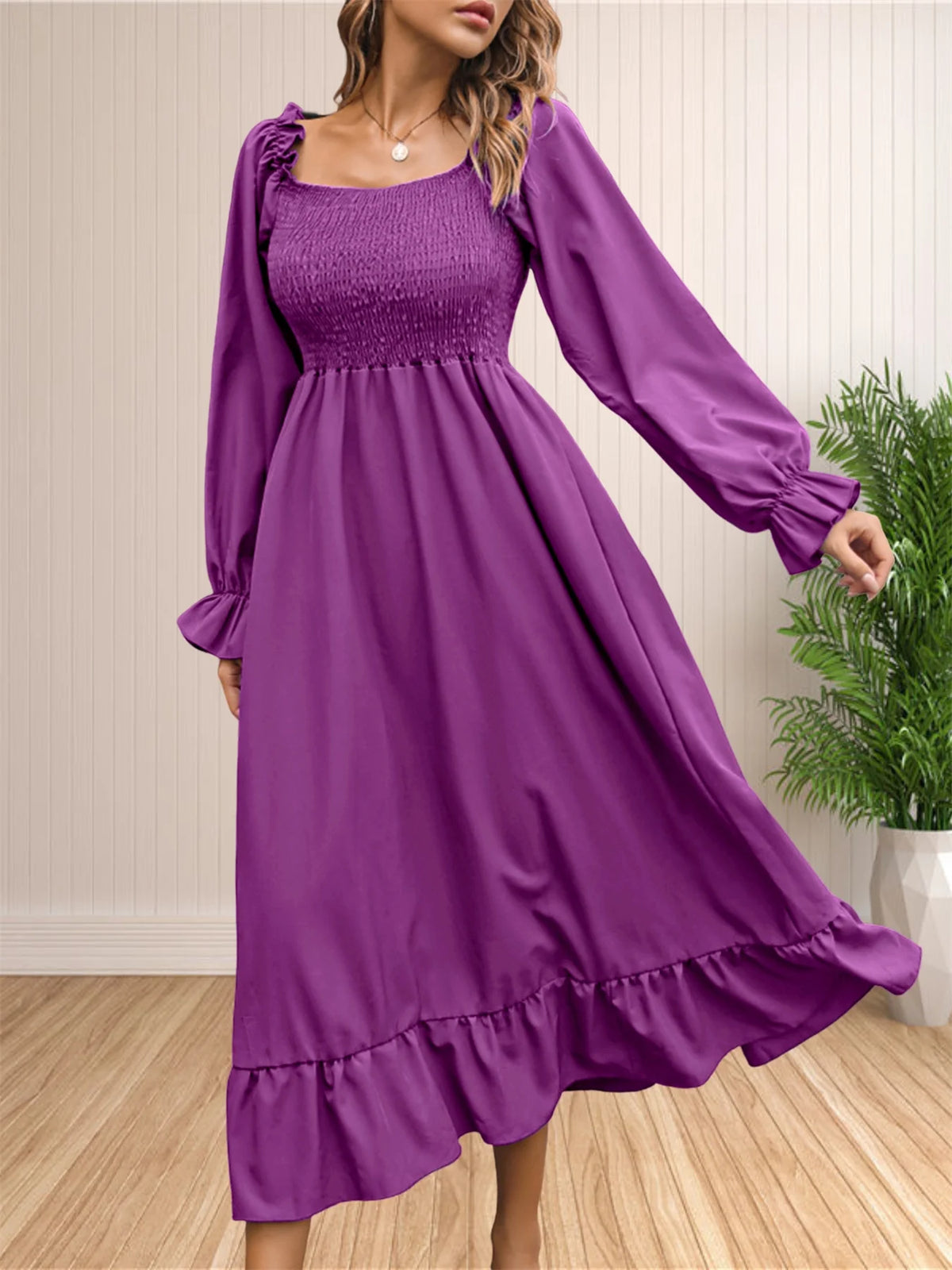 Hnewly  Women's Boho Square Neck Smocked Long Puff Sleeve A Line Maxi Dress