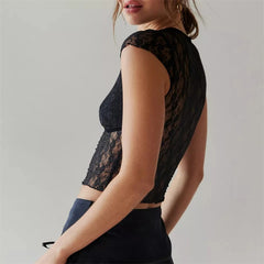 Hnewly Sheer Crop Top 2000s Women Sexy See Through V Neck Sleeveless Floral Lace Tanks Slim Fit Vest y2k Aesthetic Clothing