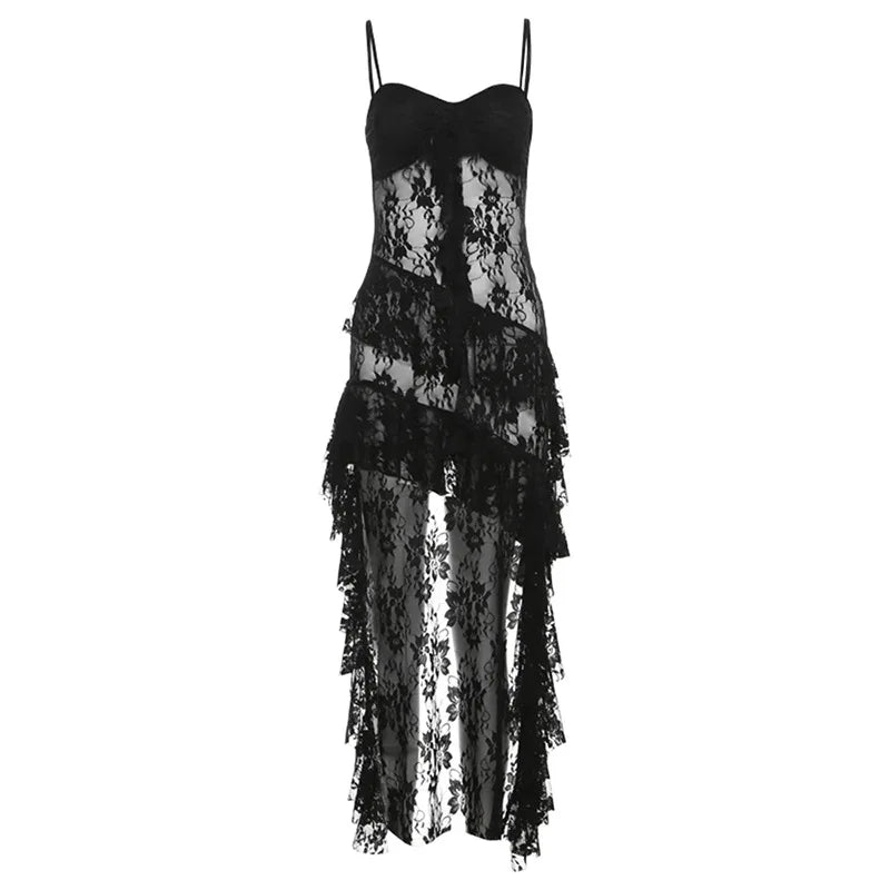 Hnewly  Women Dress Sexy Patchwork Mesh Strapless Irregular Waist Ruffled Split Black Dresses Fashion Night Party Vestidos
