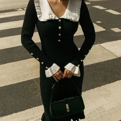 Hnewly  Elegant Knitted Long Skirt Women Black Vintage Long Sleeve Party Dresses Sweet Ruffle Patchwork Sweater Maxi Dress Slim