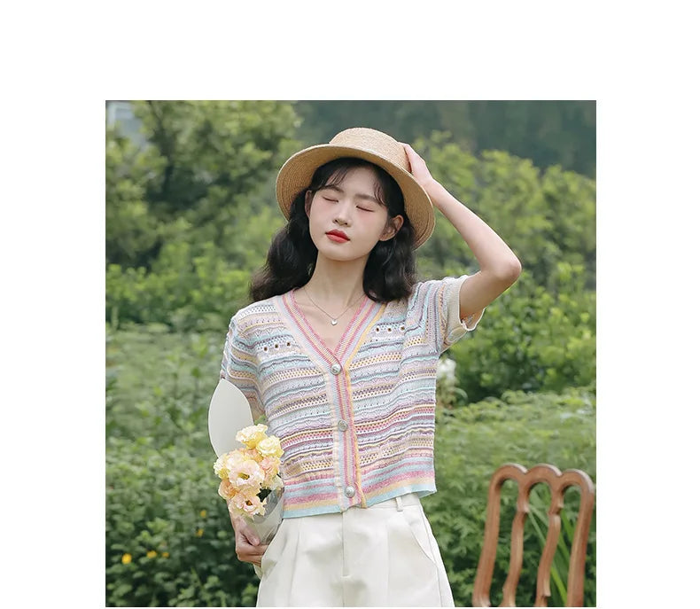 Hnewly Rainbow Striped Knitted Sweater For Women's 2025 Summer New  Thin Short Sleeved V-neck Hollow Out Holiday Sun Protection Top