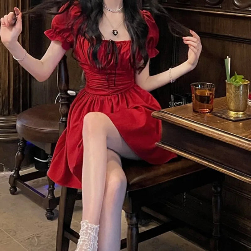 Hnewly new trend inspo Spring Summer New Fashion Elegant Square Neckline Short Sleeved Casual Fashion Versatile Western Slim Fit Clothing Women Dresses