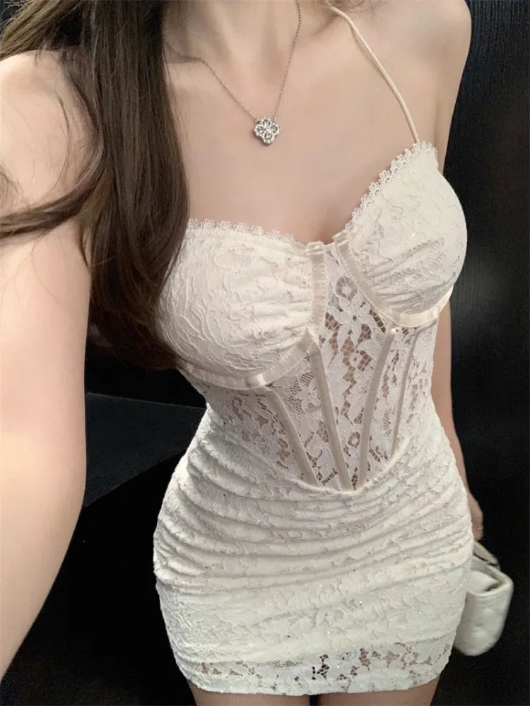 Hnewly  Woman Dress Sexy Sleeveless Lace Patchwork Elegant Backless Slim Summer Fashion Party Mini Dresses Female Clubwear