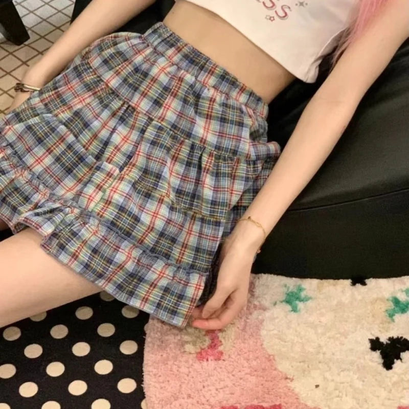 Hnewly Plaid Skirt Women Mini Skirt Japanese Style Ruffle Layered Short Skirts Cute Streetwear Vintage Harajuku Preppy Skirt