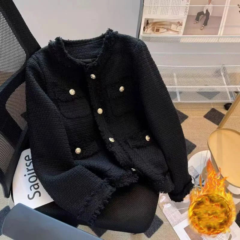 Hnewly Fashion Tweed Jacket Women Winter Thick Warm Single Breasted O Neck Coats Korean Elegant Office Lady All Match Outwear Mujer New