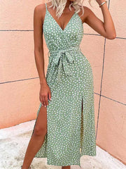 Hnewly  Summer Floral Print Long Dress Women Sexy Backless Bandage Slit Beach Sundresses Casual Elegant Black V Neck Sleeveless Dress