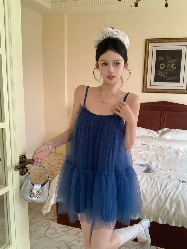 Hnewly  Mini Dresses Women Bow Sleeveless Slash Neck Mesh Patchwork Sweet Party Dress Sexy Party Female Fashion Princess