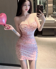 Hnewly  Woman Dress Sweet Elegant Heart Printed Strapless Slim Backless Summer Fashion Ruched Sexy Mini Dress Female Club