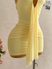 Lunivop  Women's Sexy Deep V-Neck Halter Tie Ruched Mini Dress Yellow Beach Vacation Party Dress