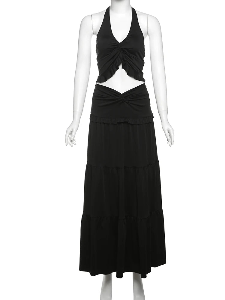 Hnewly  Halter Backless 2 Piece Set Women Ruched Elegant  Crop Camisole+Elastic Waist Ruffles Long Skirts Street Trend Suits