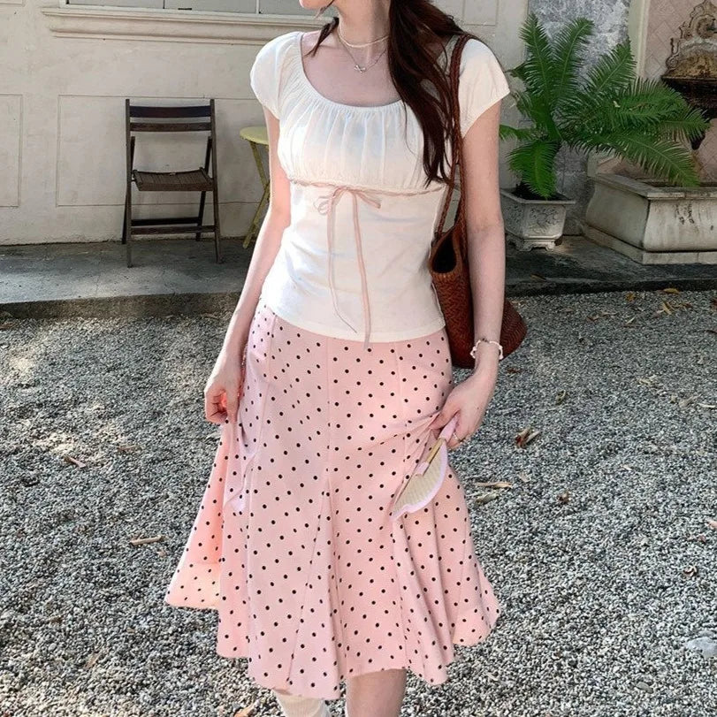 Hnewly  Summer Elegant Polka Dot Midi Skirt Short Sleeve T-Shirt Set Women's Fashion Design Sense White Cotton Blend Casual Outfit