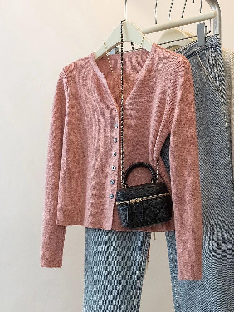 Hnewly Blue Knitted Cardigan Sweater Women's French Autumn  Winter Soft O-neck Single Breasted Outwear Elegant Long Sleeved Slim Top