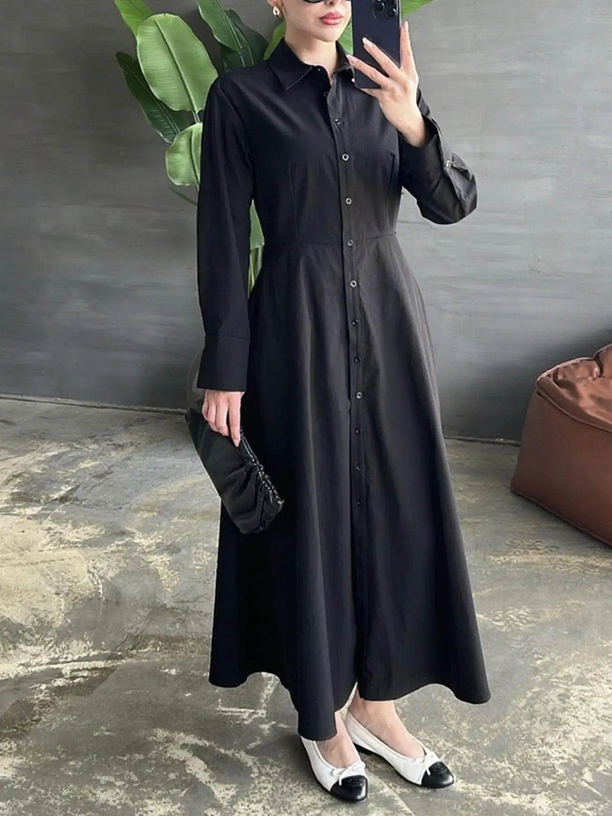 Hnewly  Spring Women's Long Dress Solid Color Simple Fashion Button up Long Sleeved Ruched Casual Turn-Down Collar