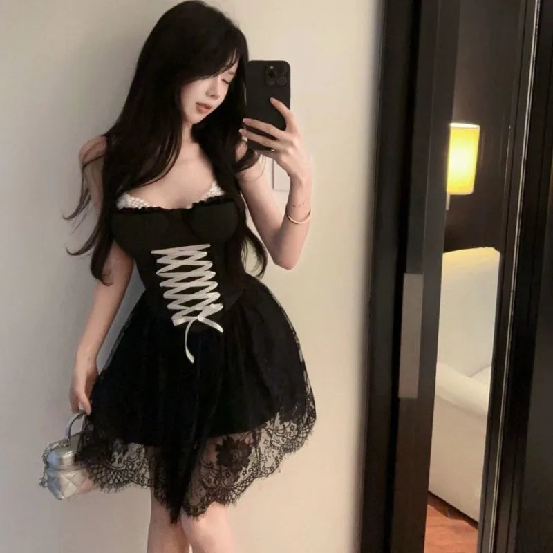 Hnewly  Woman Dress Bandage Sleeveless Slim Lace Patchwork Mesh Ribbon Backless Sweet Elegant Party Mini Dresses Female