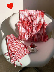 Hnewly  Red Plaid Lace-Up Camisole And Shorts Set For Women