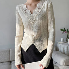 Hnewly  V-neck Lace Base Shirt for Women New Spring Clothes All Match Long-sleeved T-shirts Fashion Tops Outwear Korean Style Tees