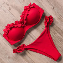 Hnewly  Sexy Ruffled Frilled Bra Cup Bikini Women Bandeau Swimsuit Female Swimwear Two Pieces Bikini Set Push Up Bathing Suit Swim