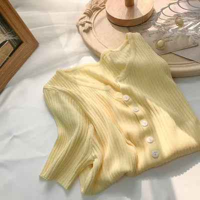 Hnewly  Knitted Short Sleeved T-shirt Sweater Women Spring  Summer 2025 Thin Loose V-neck Single Breasted Top Solid Short Cardigan Coat