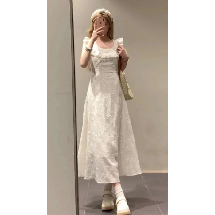 Hnewly  Elegant High Waist A-Line Dress Women's Summer Tea Break Slimming Gauze Hem Student Friendly Polyester Fiber All Seasons