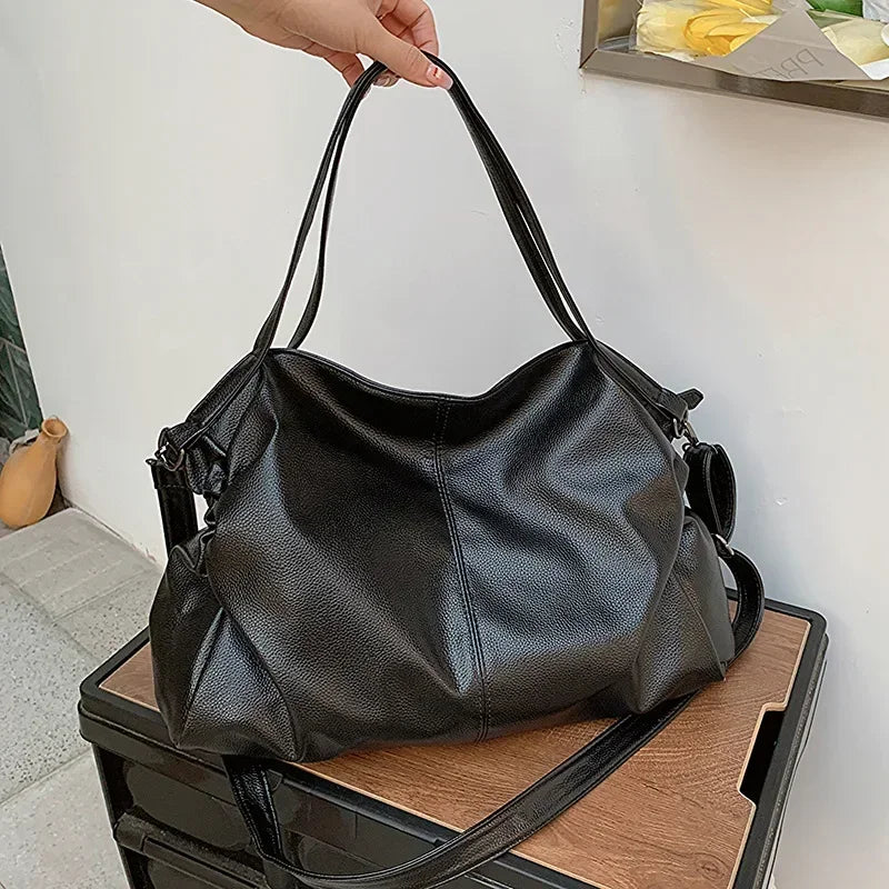 Hnewly  Big Black Shoulder Bags for Women Large Hobo Shopper Bag Solid Color Quality Soft Leather Crossbody Handbag Lady Travel Tote Bag