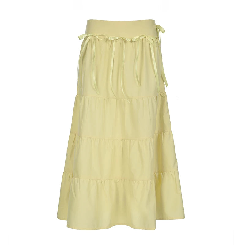 Hnewly Cute Fairycore Bow Stitching Skirt Summer Holiday Casual Loose A-line Long Skirts for Women y2k Aesthetic Ladies Clothing