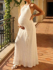 Hnewly  Light Blue Maternity Maxi Dress Halter Backless Bohemian Summer Casual Vacation Dress