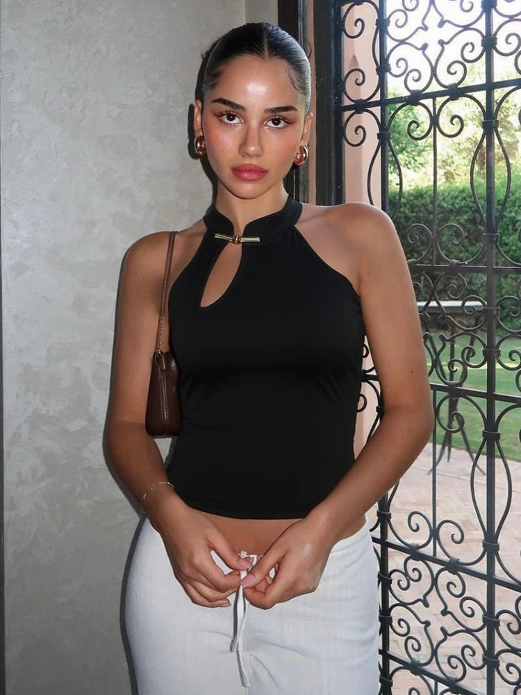 Hnewly  Cheongsam Buckle Tank Tops Women Y2K Summer Trend Basic Classic Hollow Solid Simple Street Stretch Daily Chic Vest