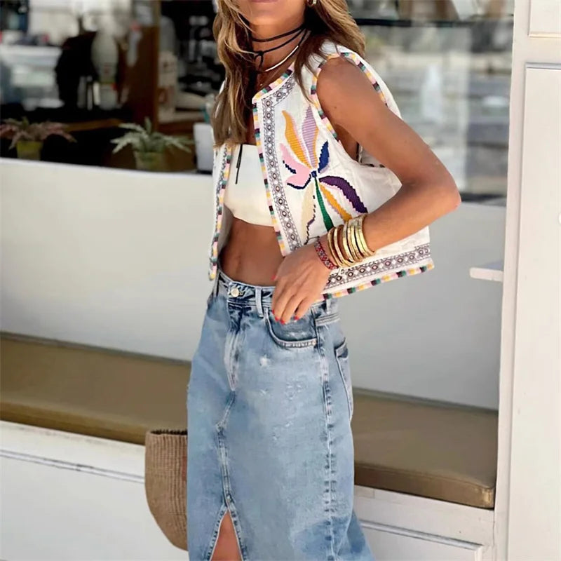 Hnewly Waistcoat Vest y2k Clothes Women Boho Embroidery Round Neck Sleeveless Open Front Jacket Tops 2000s Clothing Streetwear