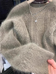 Hnewly  Imitation Raccoon Velvet Sweater Fashion Thread Round Neck Top Women's Autumn Winter Thick Long Sleeve Warm Knitted Hoodie