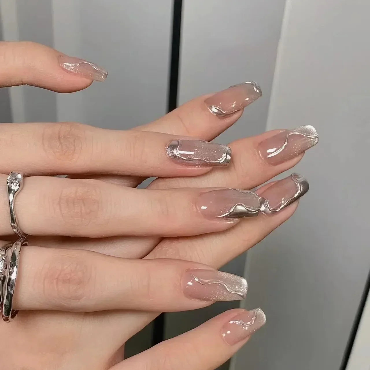 Hnewly 10Pcs Handmade Press on Nails Full Cover Cat Eye Rhinestone Design Nude Color French Ballerina False Nails Manicure Nail Tips
