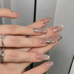 Hnewly 10Pcs Handmade Press on Nails Full Cover Cat Eye Rhinestone Design Nude Color French Ballerina False Nails Manicure Nail Tips