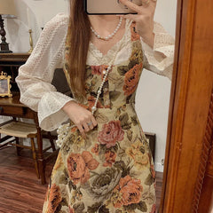 Hnewly  Vintage Spring Autumn Oil painting Embroidery Long Woman French Floral Dress Lace Party Female Print Retro Elegant Fairy