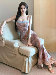 Hnewly  Temperament Elegant Dresses Women Oil Painting Floral Printed Sleeveless Vintage Stretch Bandage Party Dress Female Party