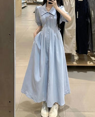 Hnewly  Women Dress Preppy Style Peter Pan Collar Short Sleeve Sweet Single Breasted Elegant Fashion Female Dresses Casual